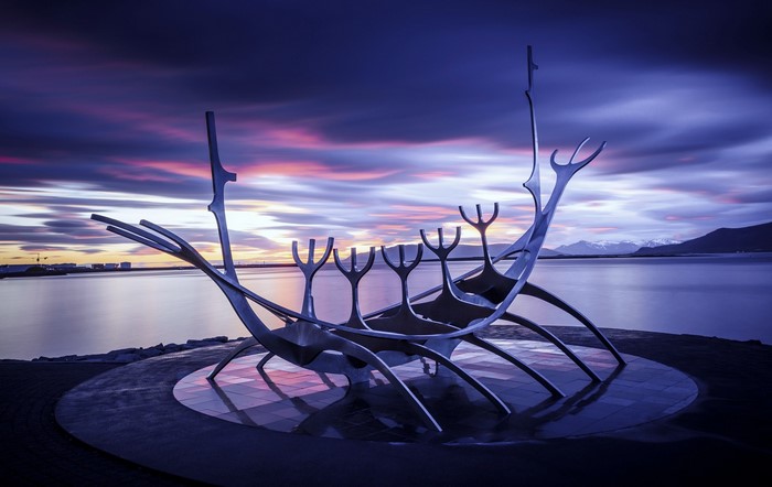 Sun Voyager sculpture at sunset in Reykjavik, Iceland