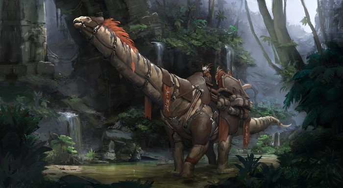 Fantasy creature with riders in a jungle with waterfalls