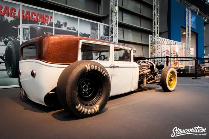 White and Copper Rat Rod with Hoosier Tires