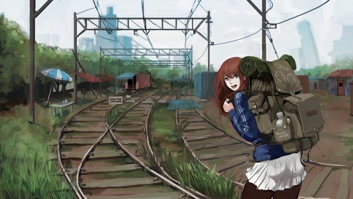 Anime girl with backpack at abandoned train station