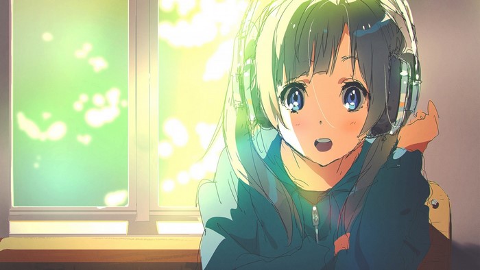 Anime girl with headphones by the window