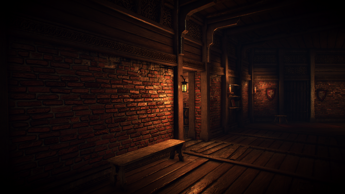 Interior of a dark wooden hall with brick walls