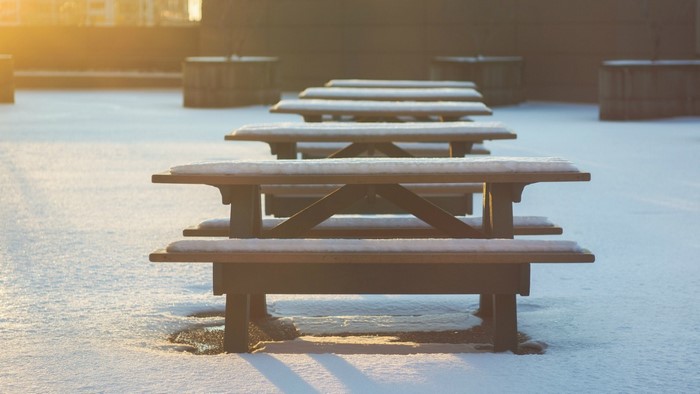 Picnic tables covered in snow on a sunny winter day