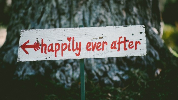 Wooden sign with red text 'happily ever after' and arrow