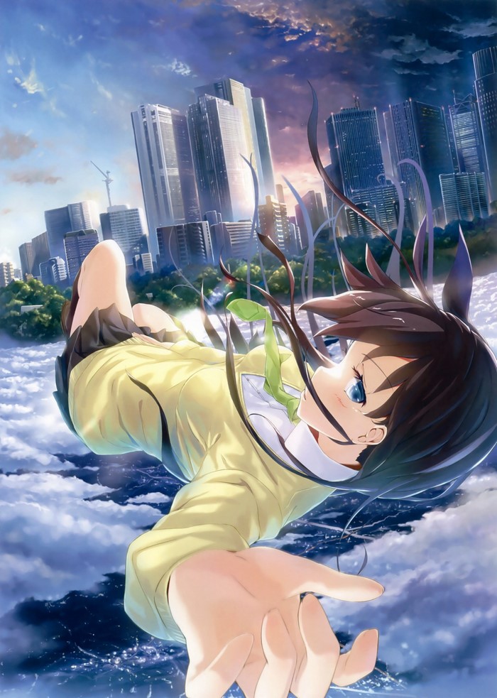 Anime girl falling from the sky above a city
