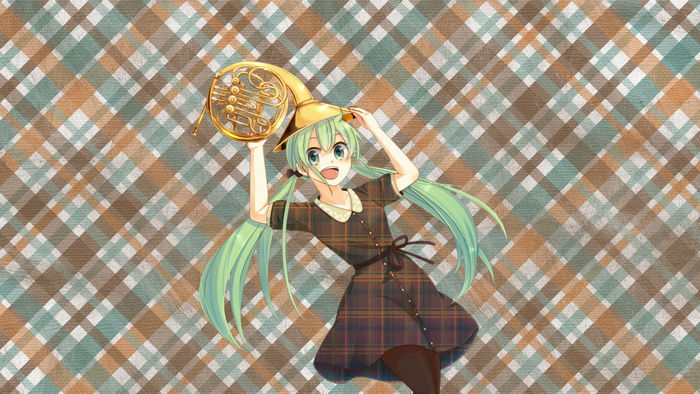 Anime girl with green hair holding a French horn
