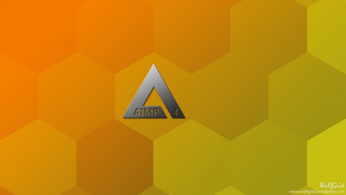 AIMP 4 logo on a hexagonal orange and yellow gradient background