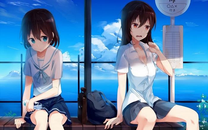 Two anime girls in school uniforms at a bus stop