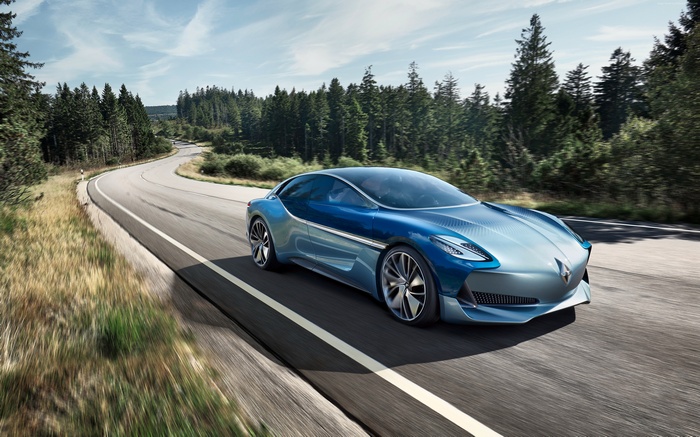 Blue Borgward Isabella electric car on a winding road
