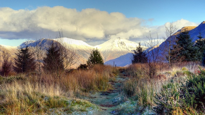 Snow-capped mountains and a path through dry grass