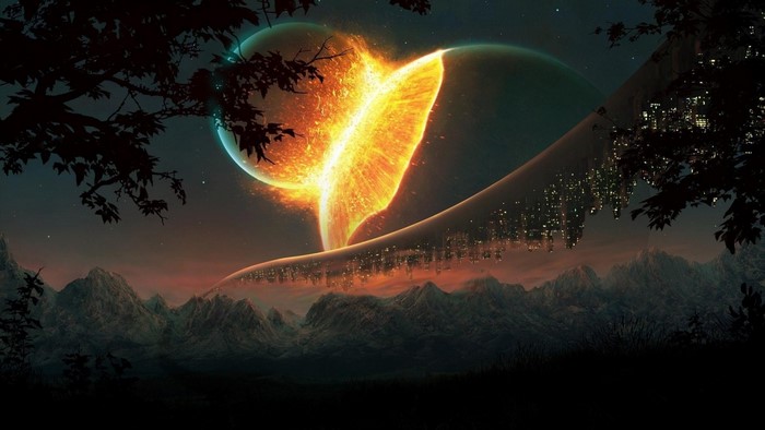 Planet exploding over a futuristic city on mountains