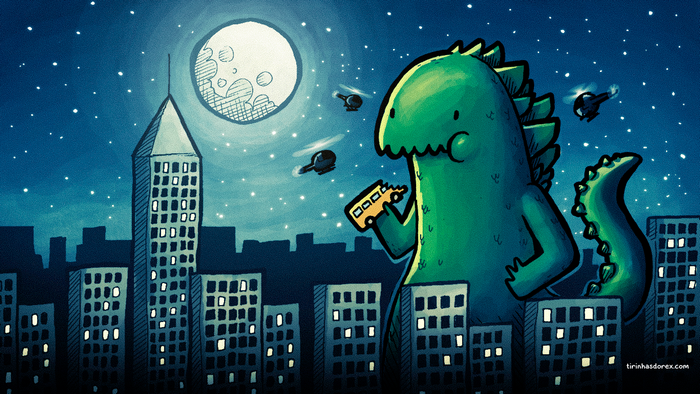 Cartoon Godzilla eating a bus in a city at night