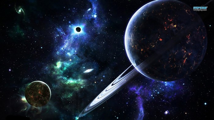 Vibrant Cosmic Scene with Ringed Planet and Nebula