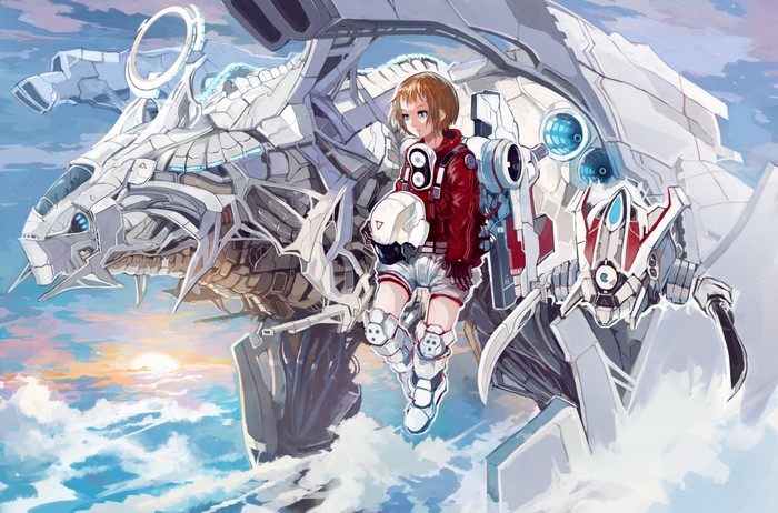 Girl in red jacket with mecha dragon