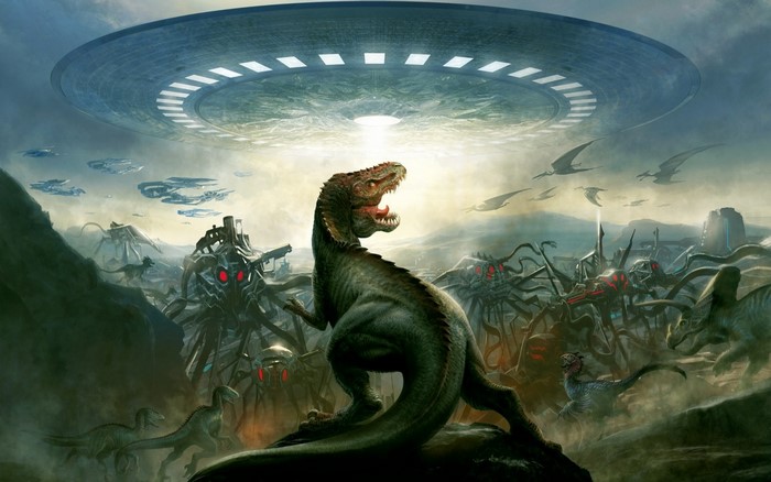 Dinosaurs and aliens battle under a UFO