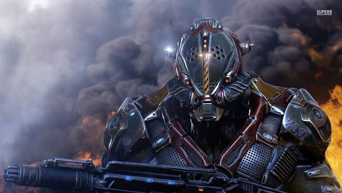Robot soldier with a gun in smoke and fire