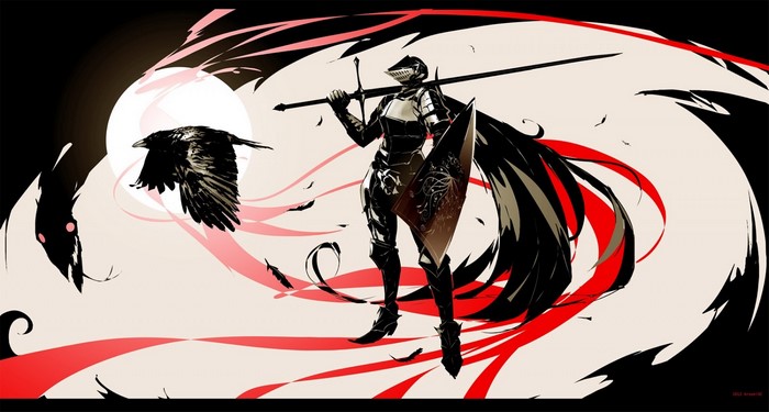 Knight with sword and shield and a crow