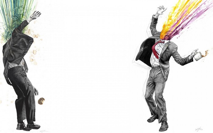 Two men in suits with abstract explosions from their heads