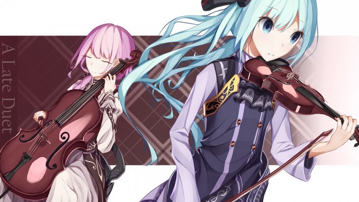 Hatsune Miku and Megurine Luka playing violins