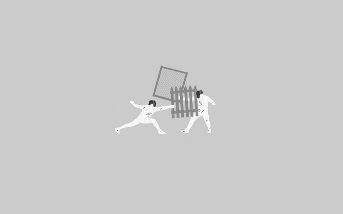 Two fencers in white suits with a fence and a net
