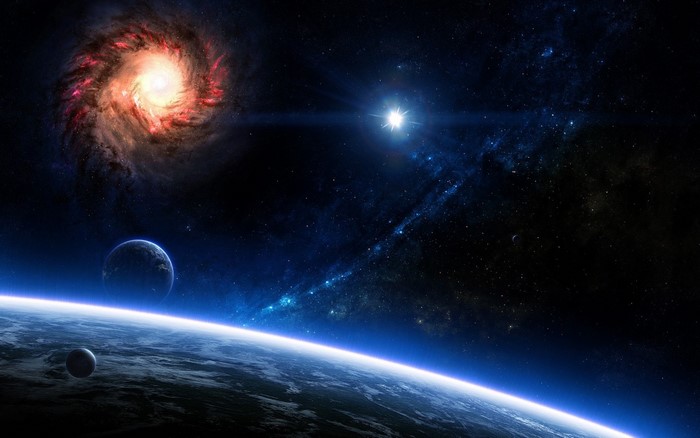 Digital art of a spiral galaxy and planets in space