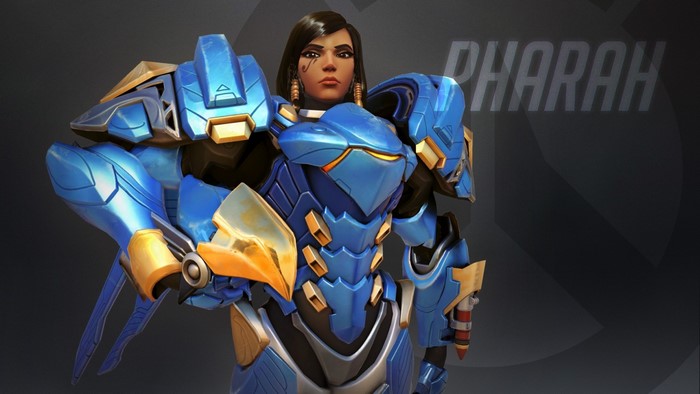 Pharah from Overwatch in blue and gold armor