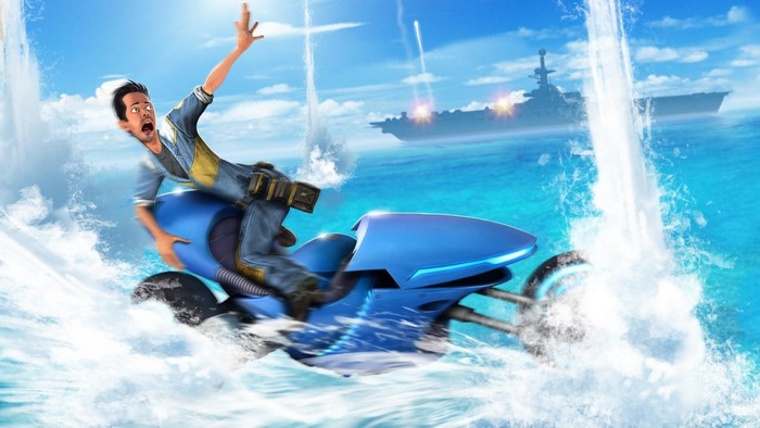 Man on a futuristic jet ski with a warship in the background
