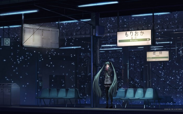 Hatsune Miku at a train station at night
