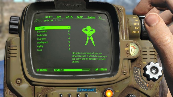 Pip-Boy screen showing character stats in Fallout 4