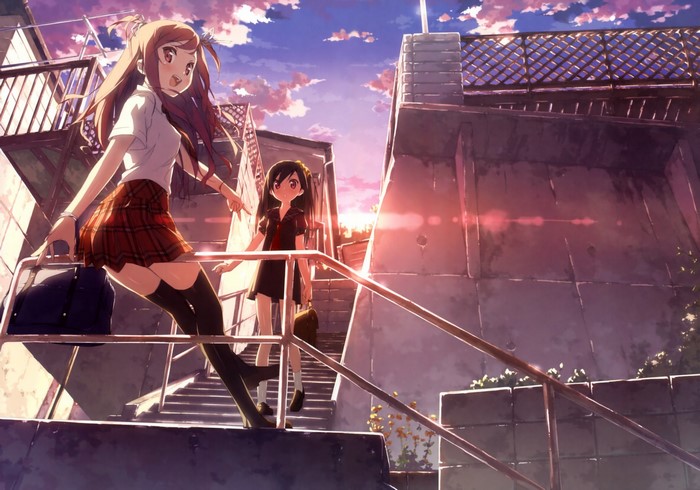 Anime girls on stairs at sunset