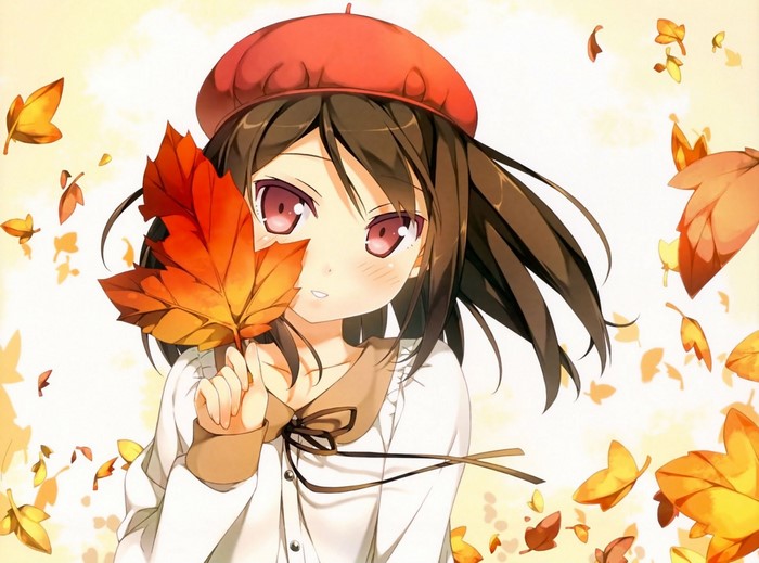 Anime girl with red beret holding autumn leaf