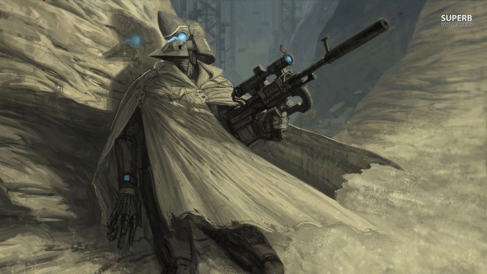 Fantasy soldier with sniper rifle in rocky terrain