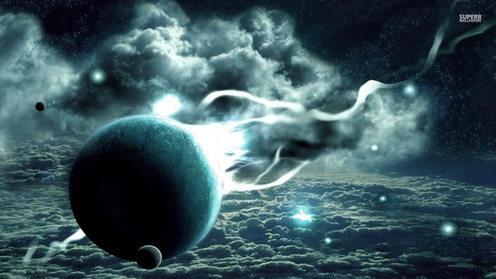 Planet and moons in space with clouds and stars