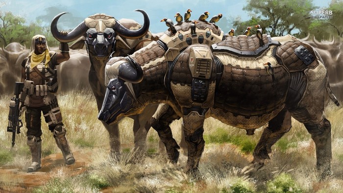 Soldier with cybernetic buffalo in savanna