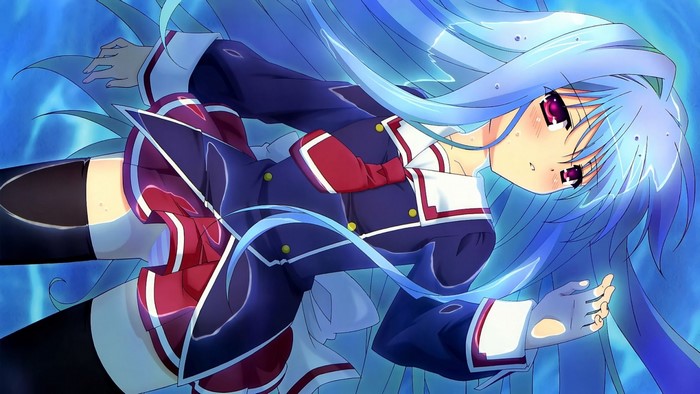 Anime girl with long blue hair in a school uniform