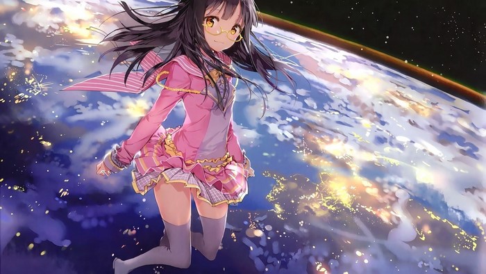 Anime girl with glasses floating above Earth