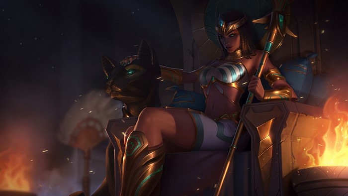 Nidalee from League of Legends on a throne