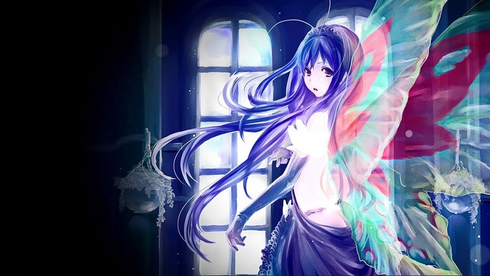 Anime girl with butterfly wings in front of a window