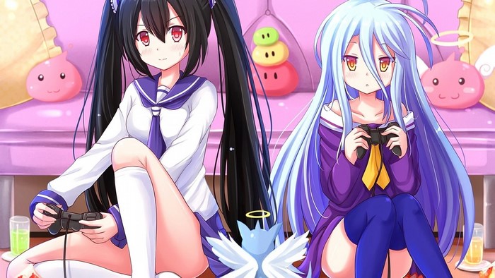 Two anime girls playing video games