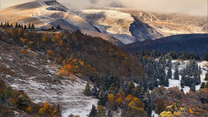 Snow-dusted mountains and autumn trees