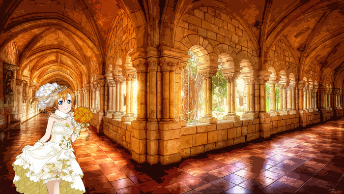 Kousaka Honoka from Love Live in a wedding dress in an ancient temple aisle