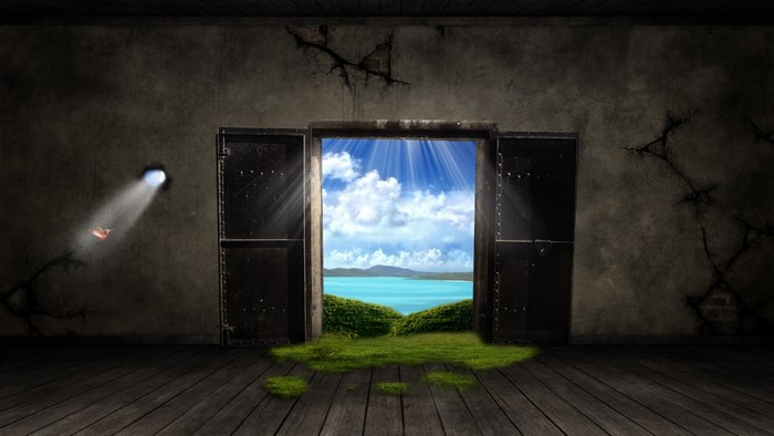 Doorway to a bright sky and ocean
