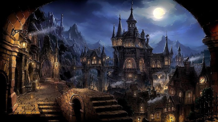 Gothic Fantasy Cityscape Under Moonlight