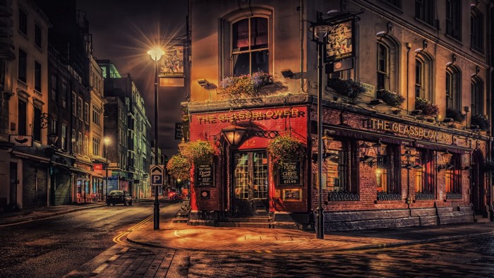 The Glassblower pub on a London street at night