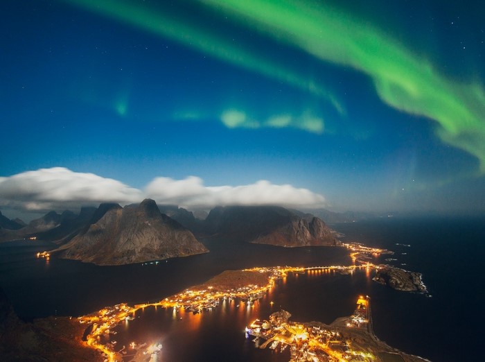 Aurora Borealis over Lofoten Islands town at night