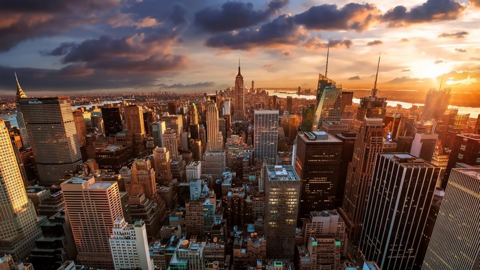 New York City skyline at sunset