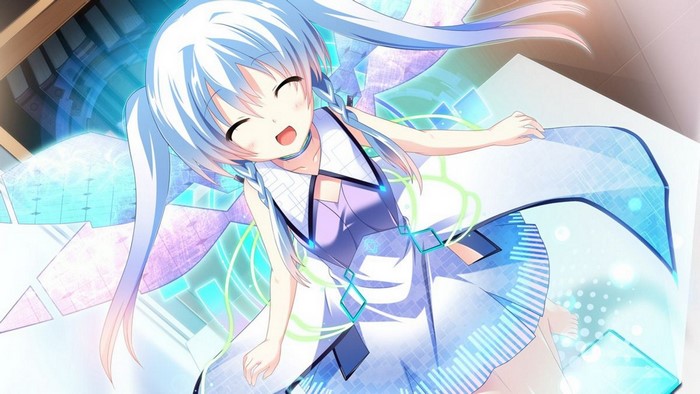 Anime girl with white pigtails in a futuristic dress