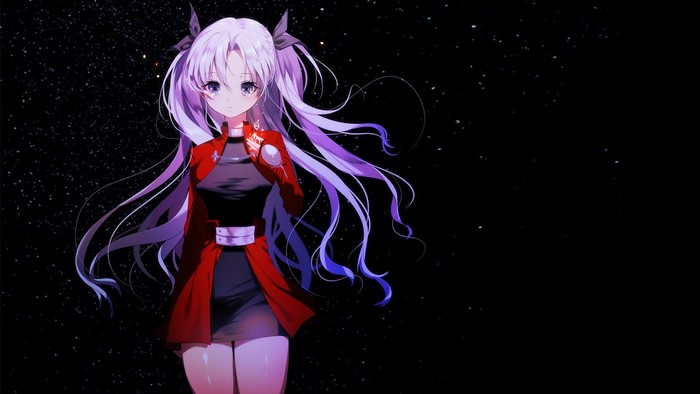 Anime girl with purple hair in red jacket