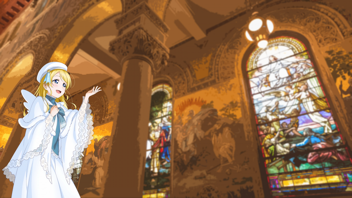 Ayase Eri from Love Live in a church with stained glass windows