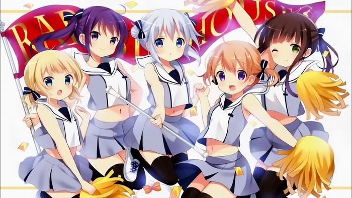 Five anime girls in cheerleading outfits